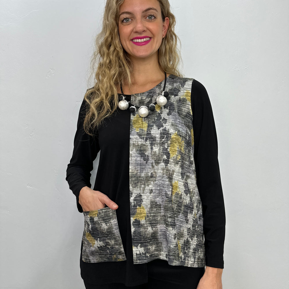 Black Pattern Long Sleeve Top with Pocket