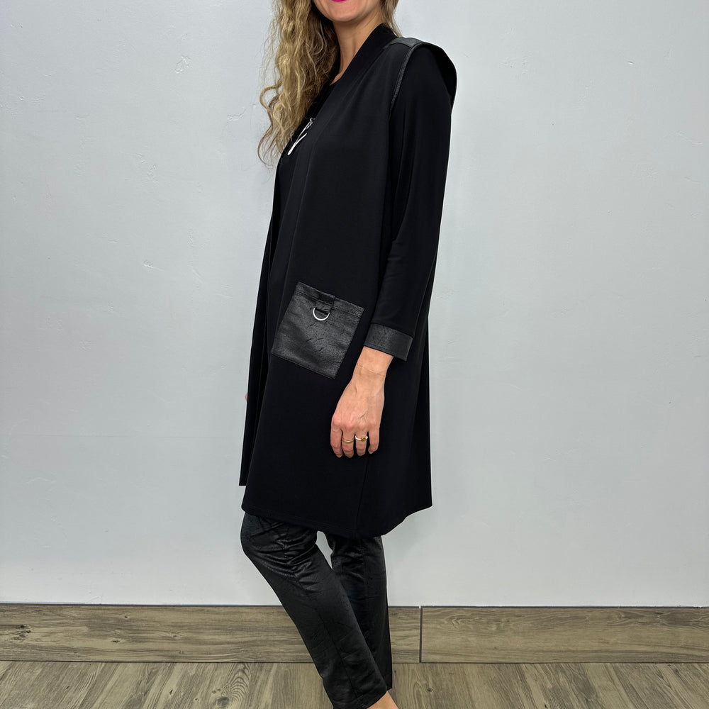 
                  
                    Sleeveless Long Black Vest with Faux Leatherette Accents
                  
                