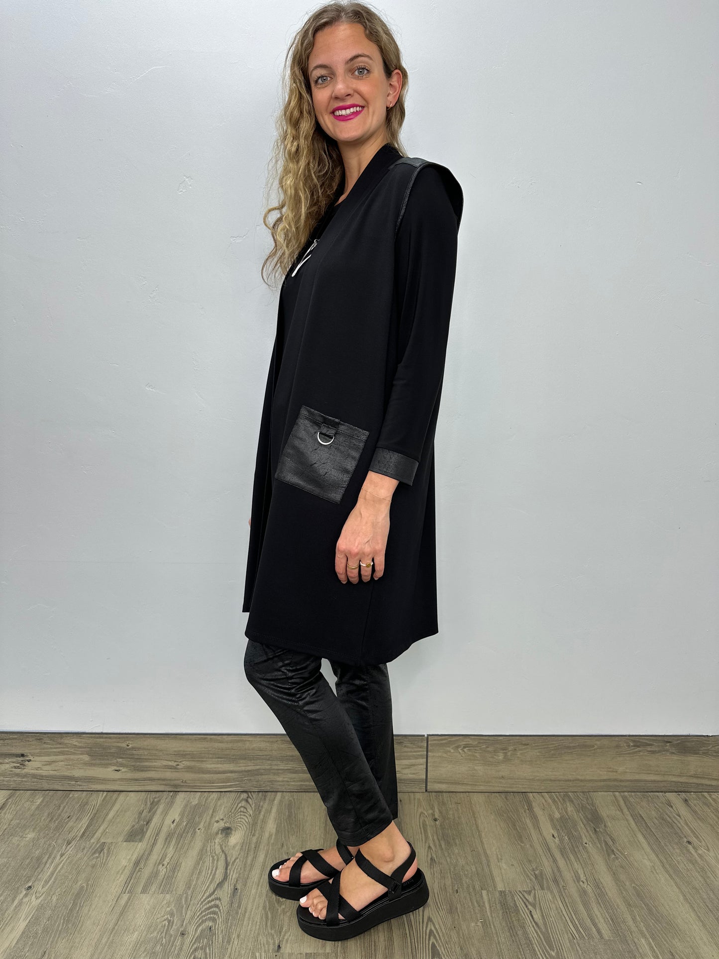 Sleeveless Long Black Vest with Faux Leatherette Accents