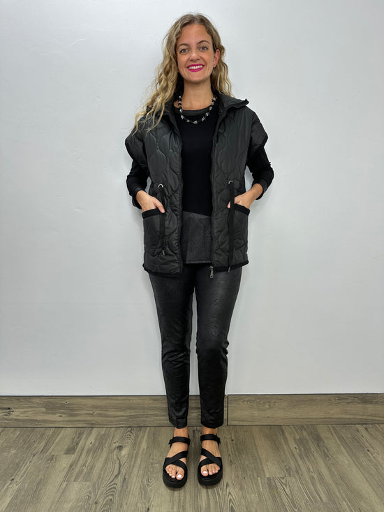 Black Short Sleeve Zip Up Vest with Drawstring Waist