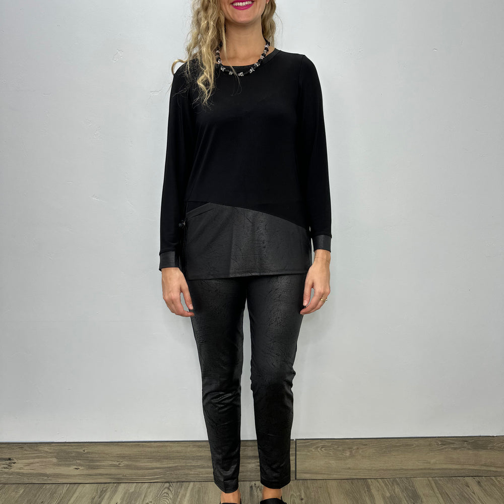 Black Long Sleeve Faux Leather Top