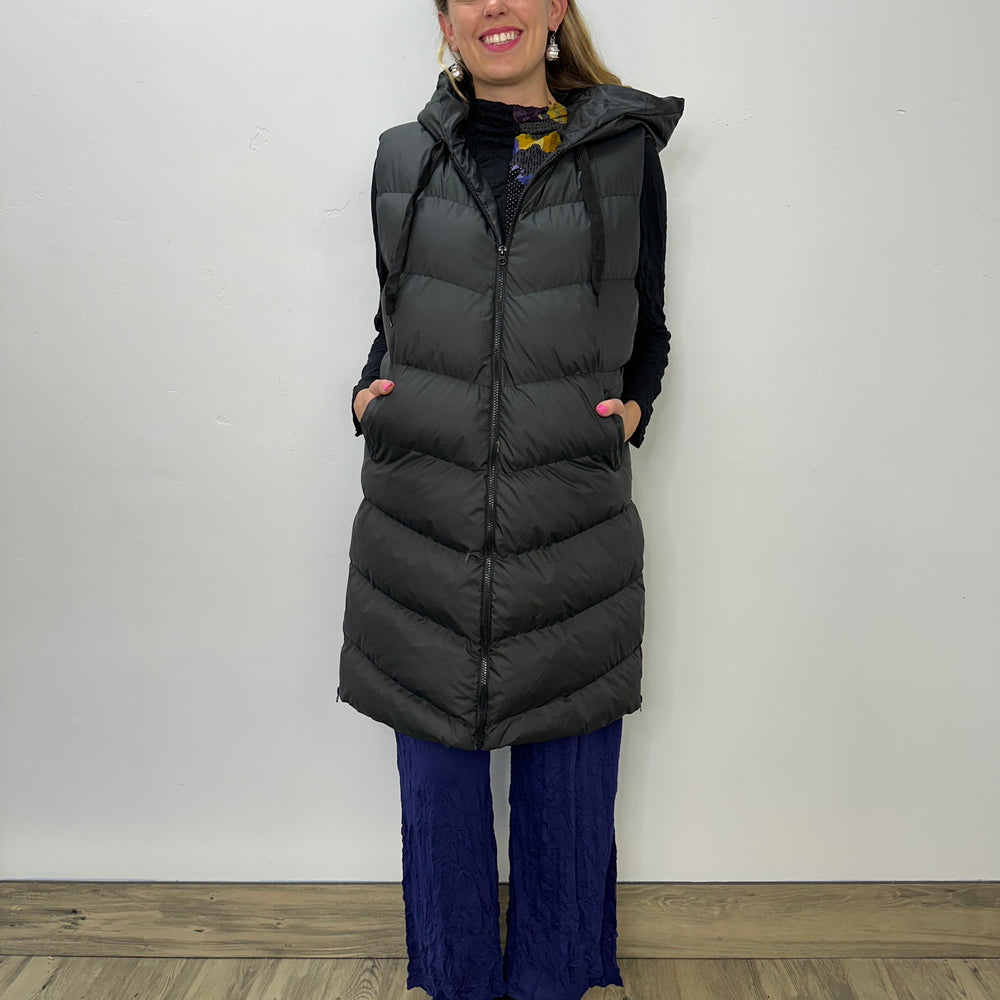 
                  
                    Long Black Hooded Puffer Vest
                  
                