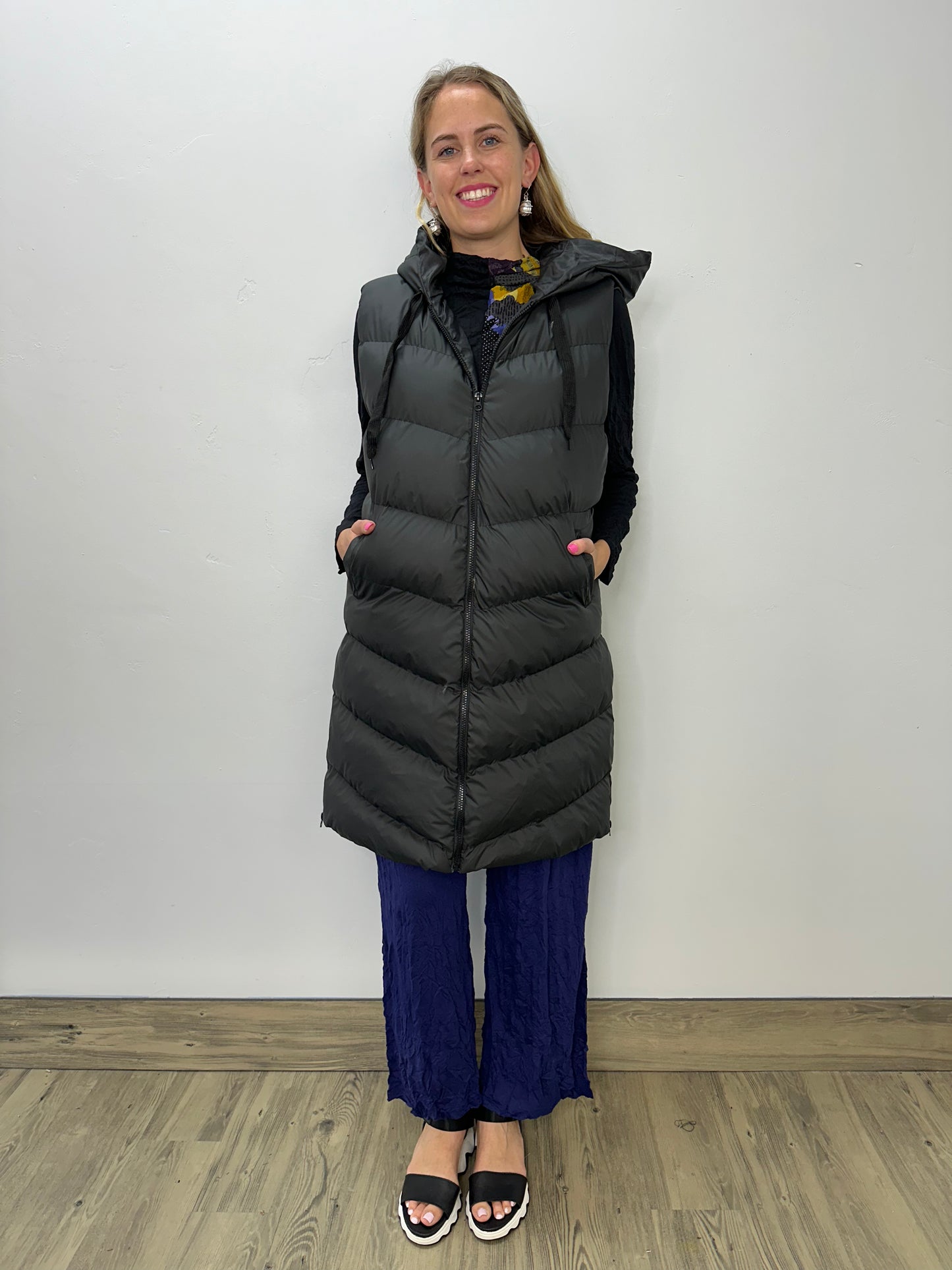 Long Black Hooded Puffer Vest