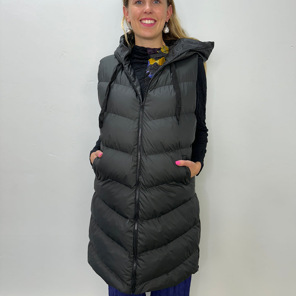 Long Black Hooded Puffer Vest