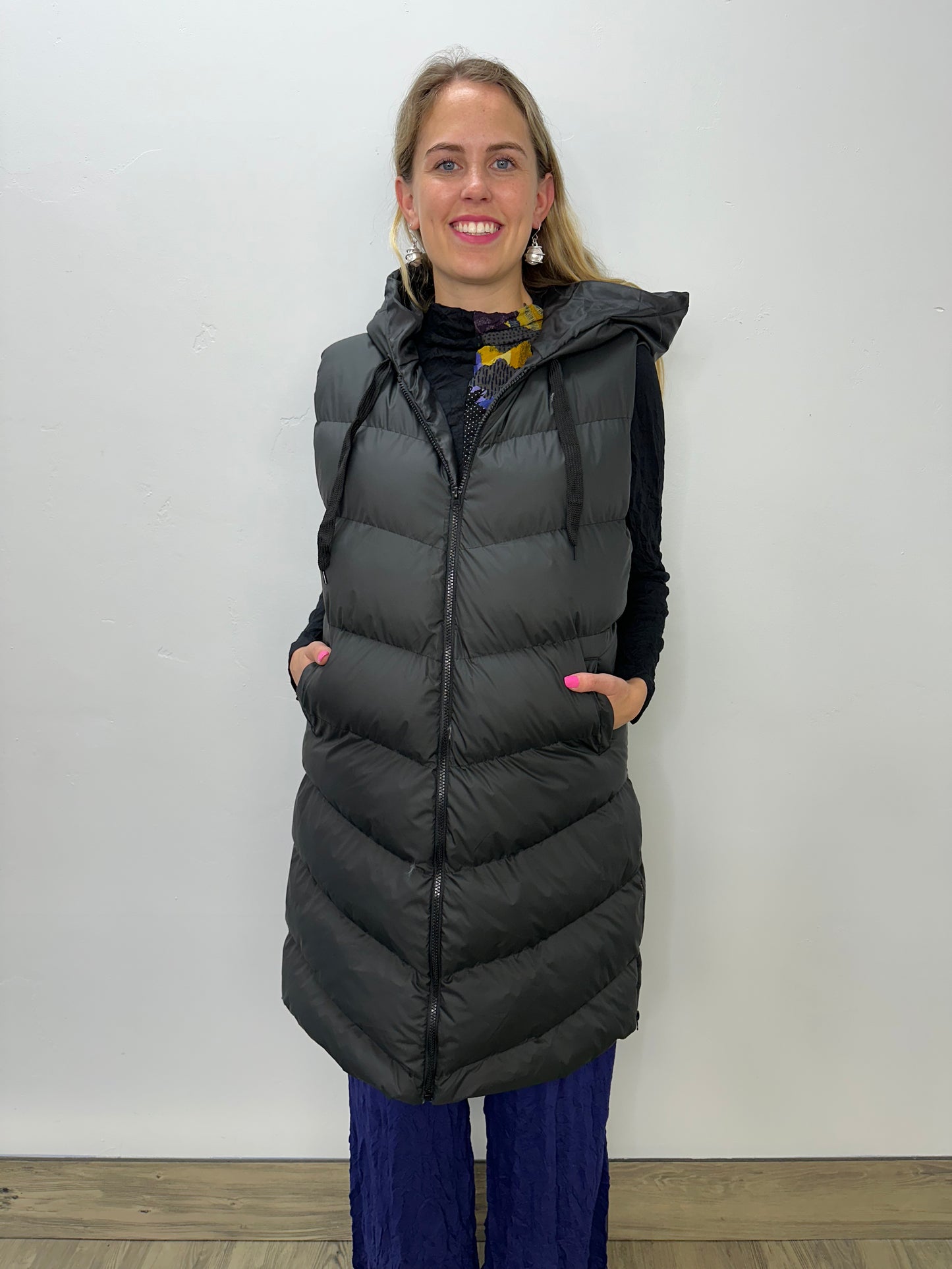 Long Black Hooded Puffer Vest