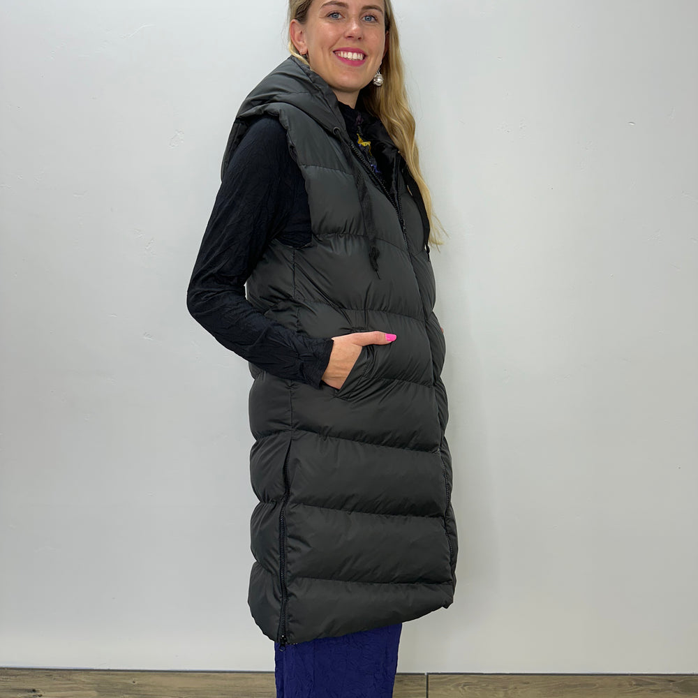 
                  
                    Long Black Hooded Puffer Vest
                  
                