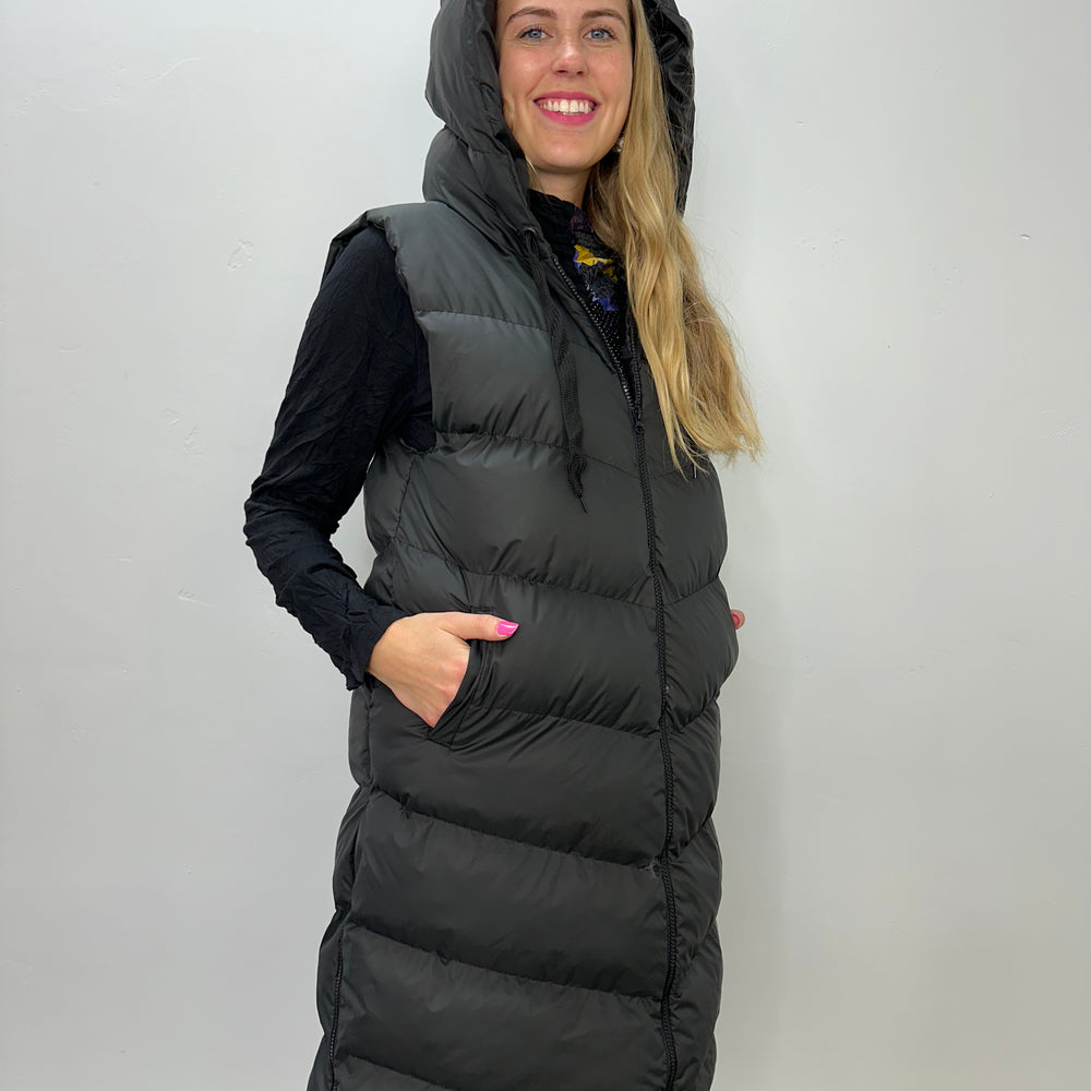 Long Black Hooded Puffer Vest