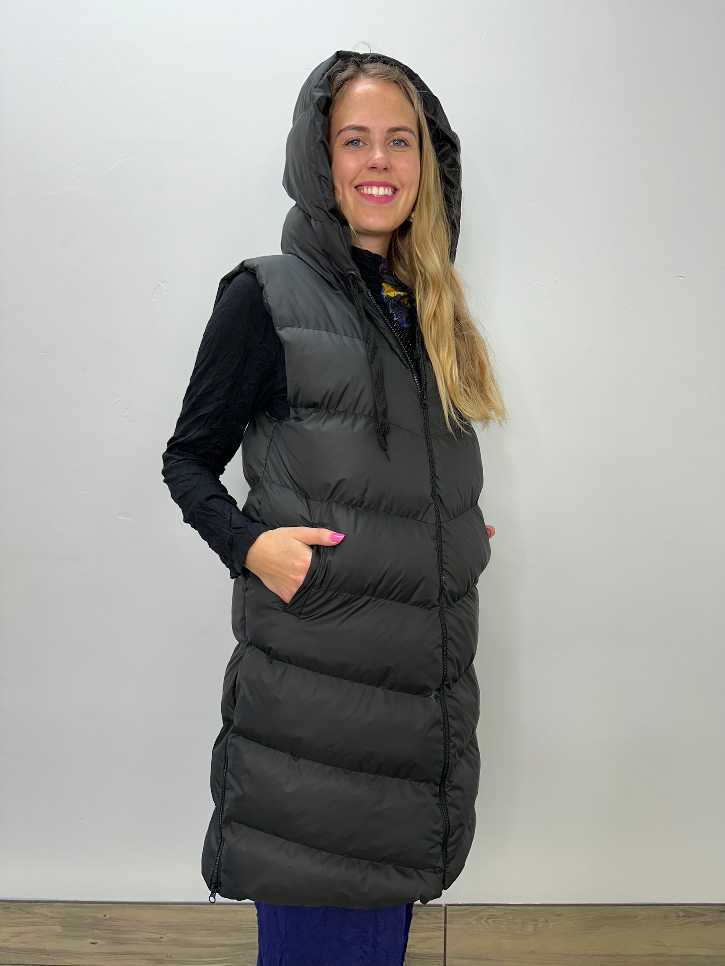 Long Black Hooded Puffer Vest