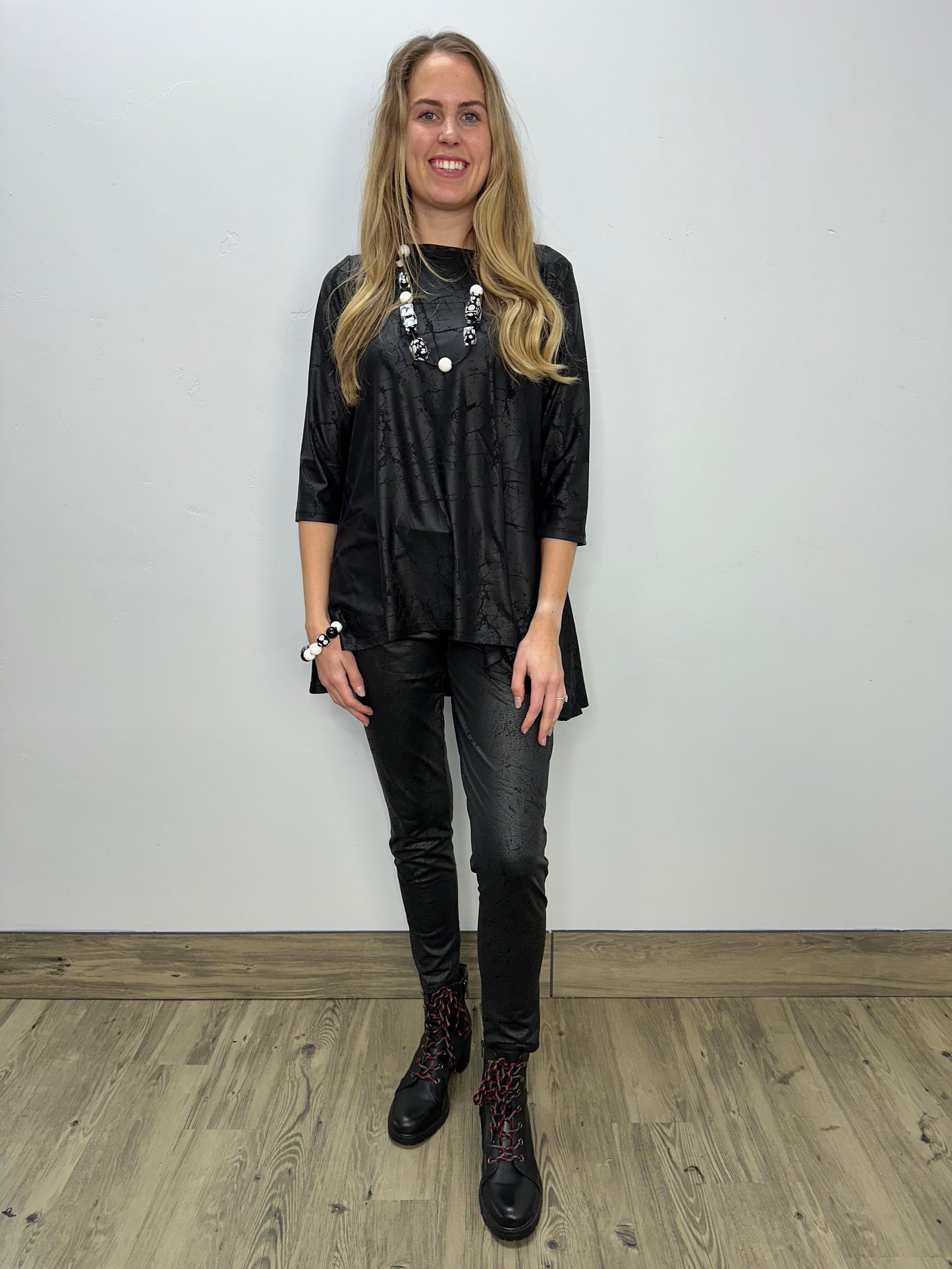 Black Faux Leather 3/4 Sleeve Tunic