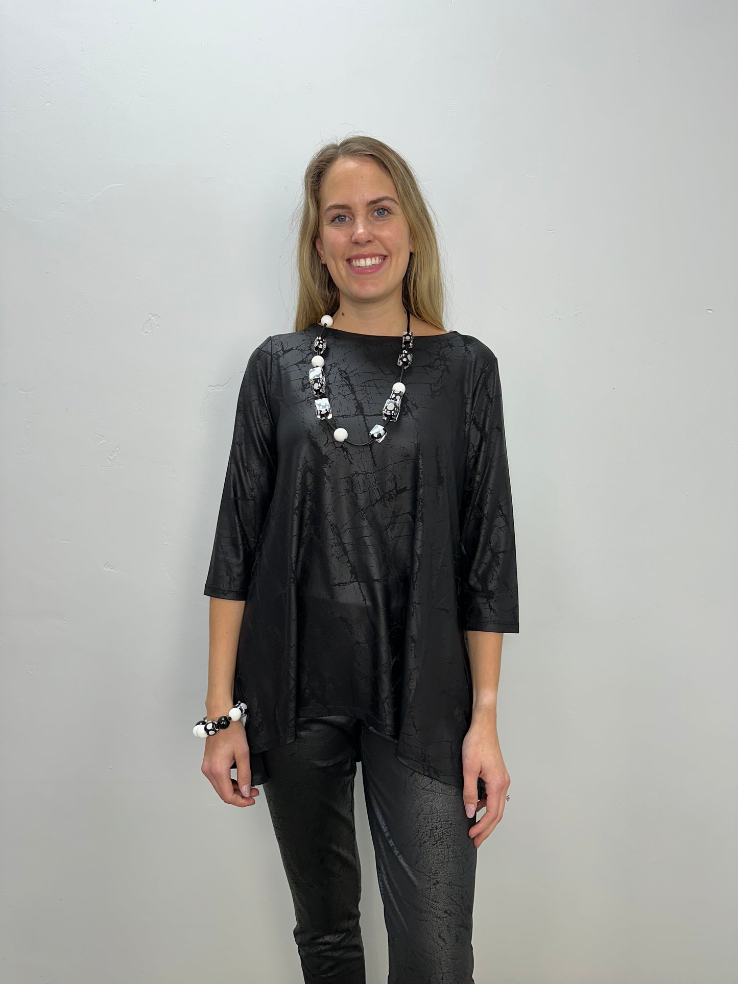 Black Faux Leather 3/4 Sleeve Tunic