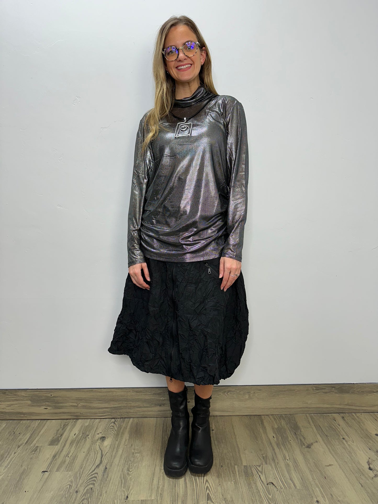 Silver Shine Long Sleeve Top with Ruched Sides