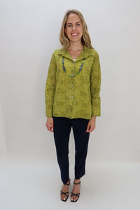 Citrus Green Cotton Burnout Floral Detail Collared Shirt