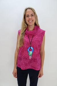 Fuchsia Cotton Burnout Floral Detail Sleeveless Cowl Neck Top