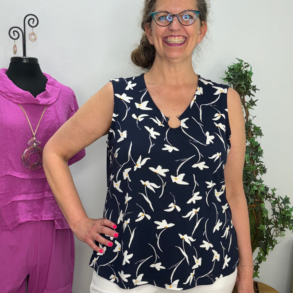 Navy Floral Sleeveless Top