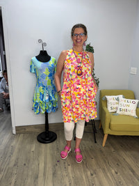 Pink and Yellow Watercolor Sleeveless Keyhole Dress