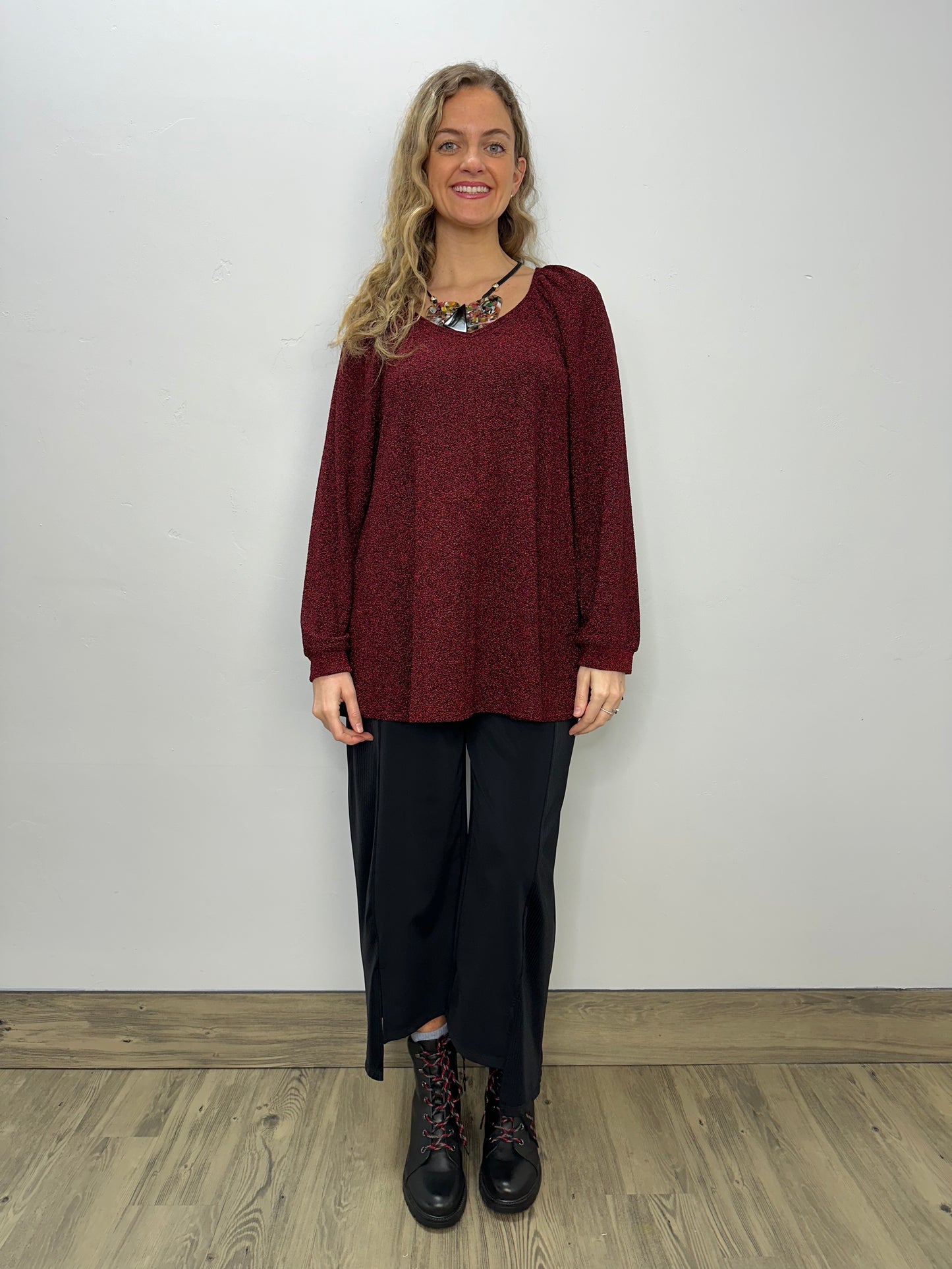 Burgundy Long Sleeve V Neck Top