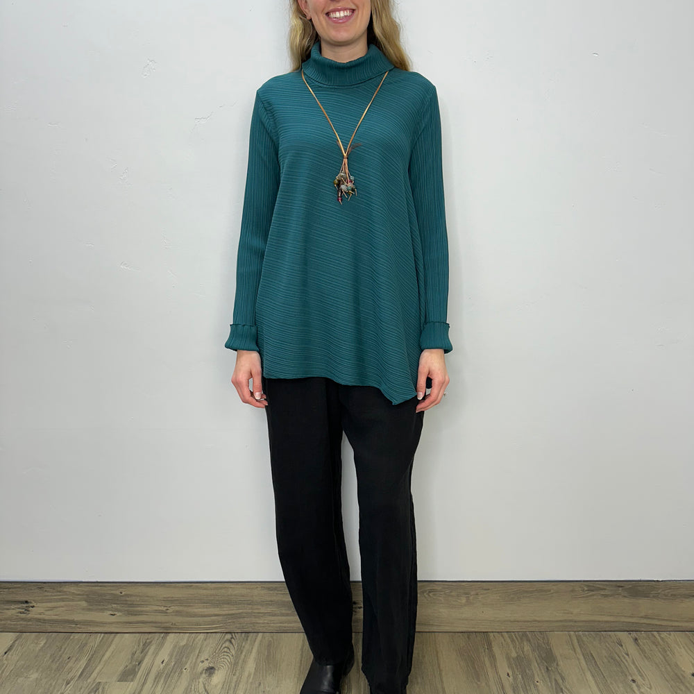 Teal Ribbed Asymmetric Roll Neck Top