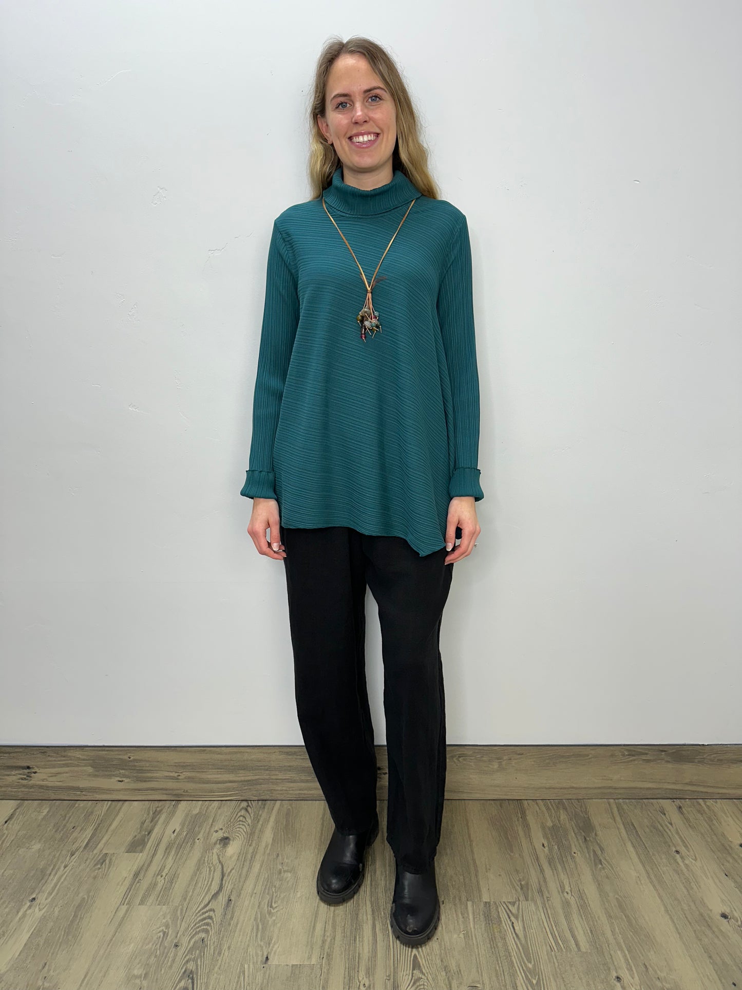 Teal Ribbed Asymmetric Roll Neck Top