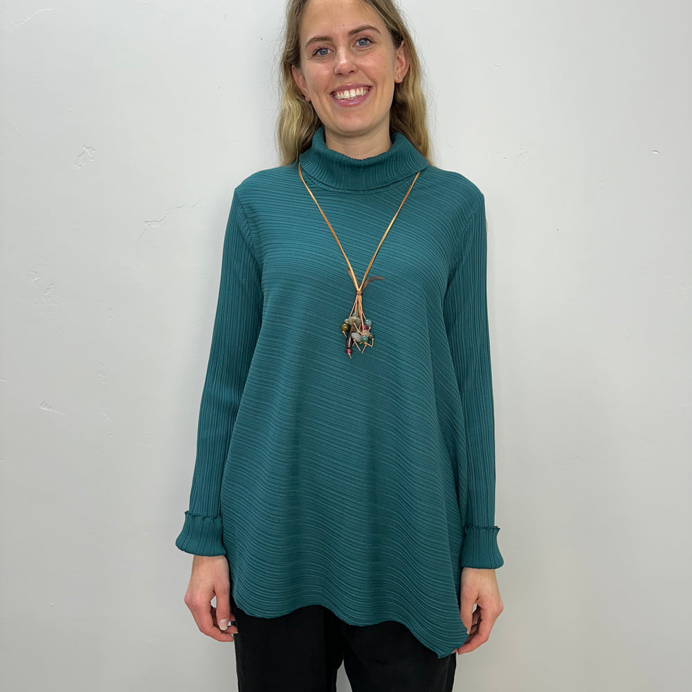 Teal Ribbed Asymmetric Roll Neck Top