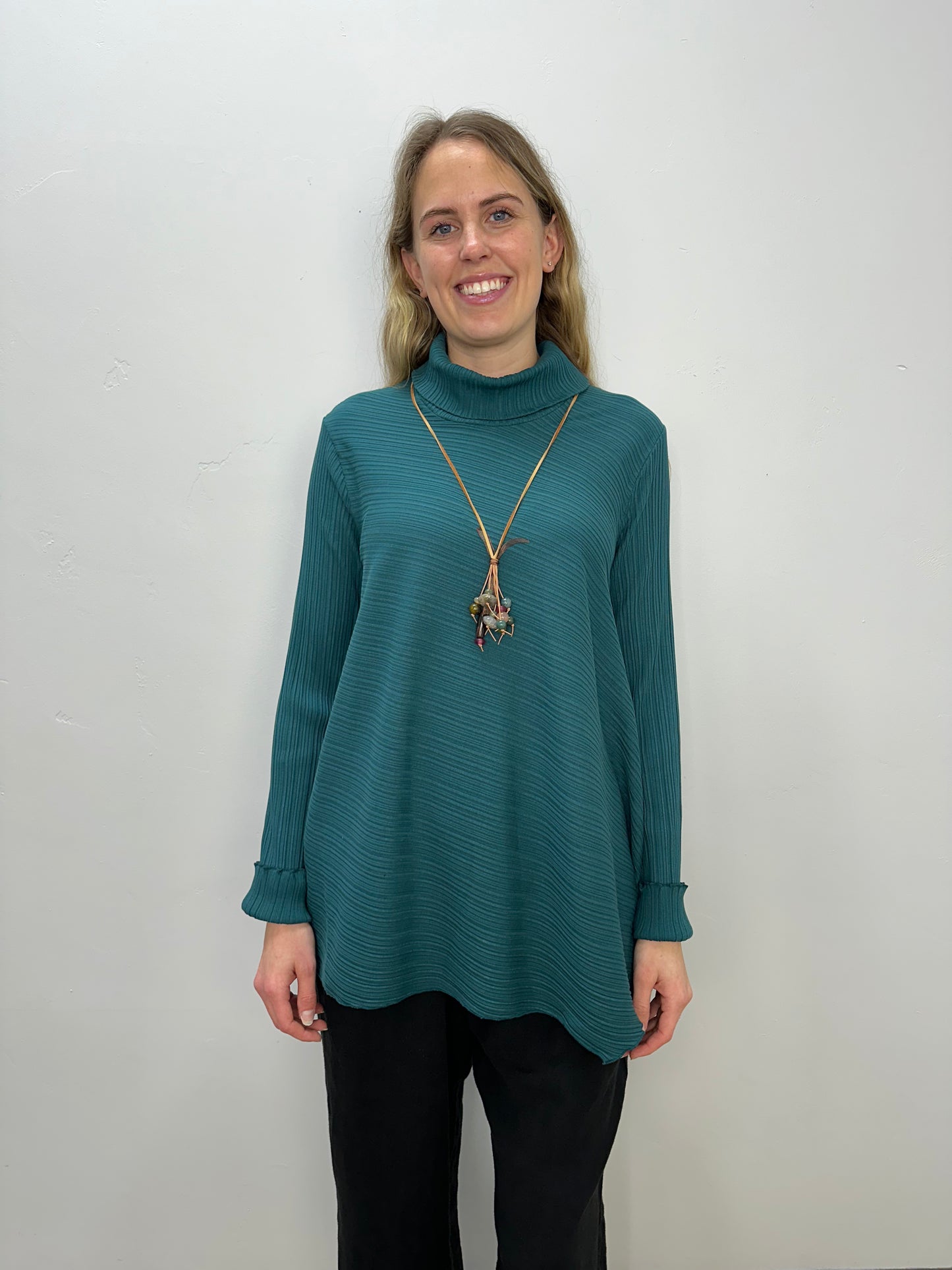 Teal Ribbed Asymmetric Roll Neck Top