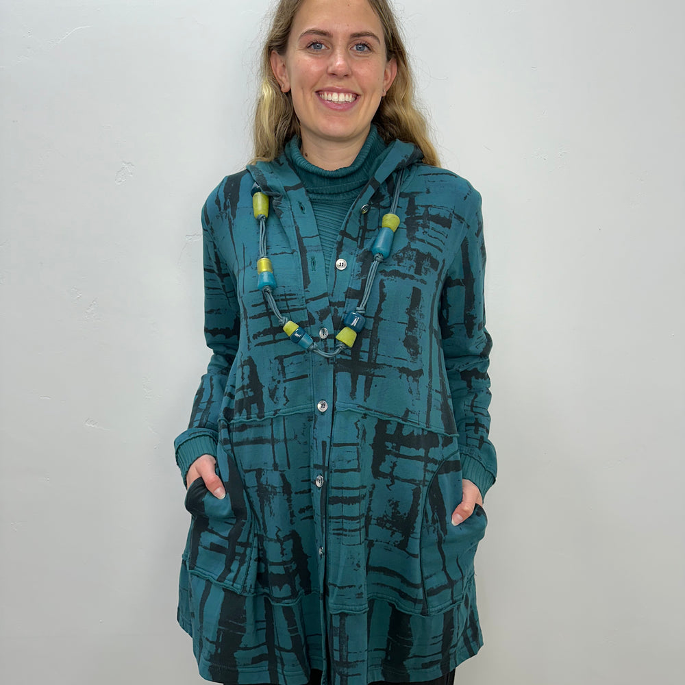 Teal Pattern Button Down Hooded Jacket