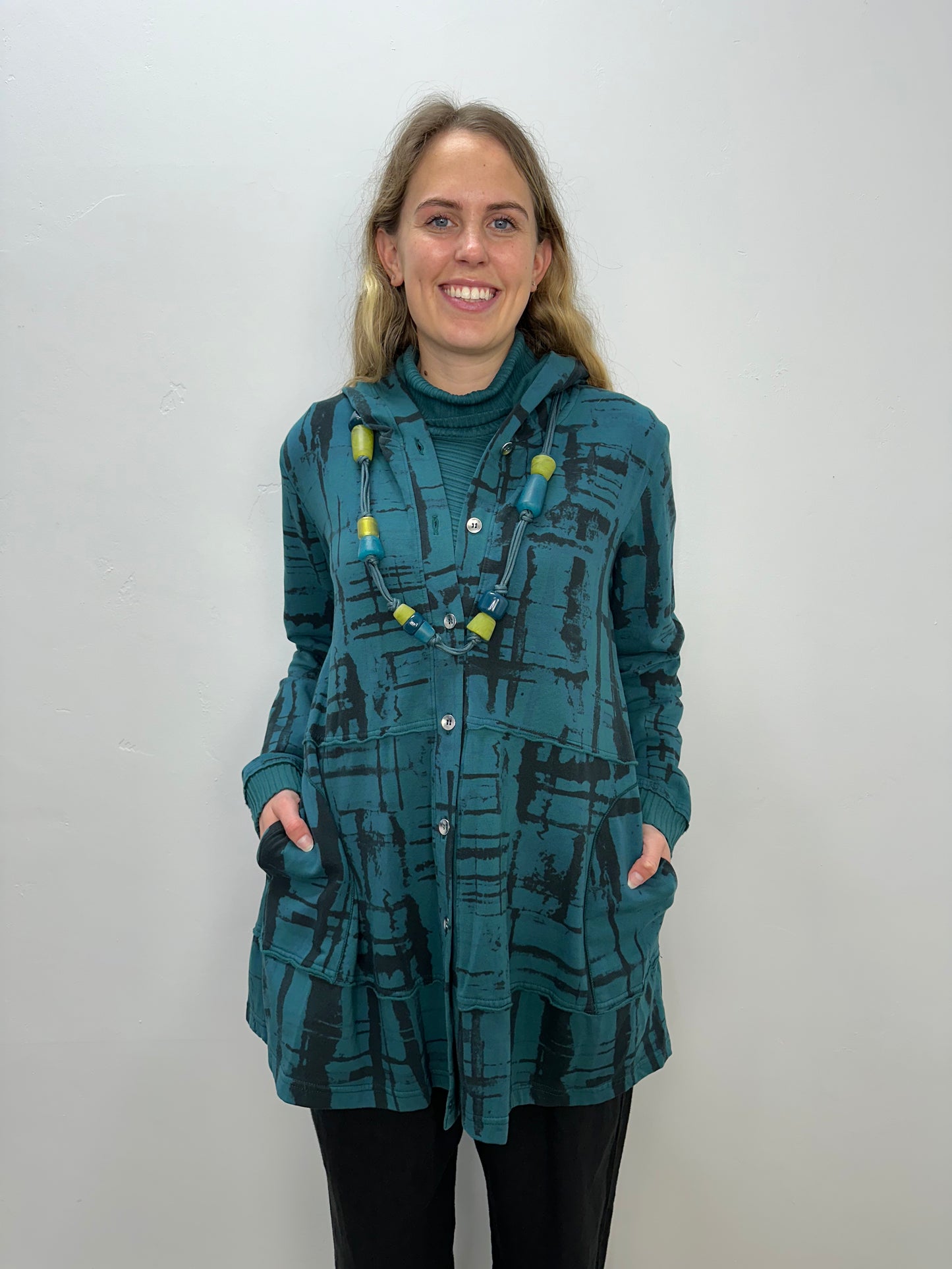 Teal Pattern Button Down Hooded Jacket