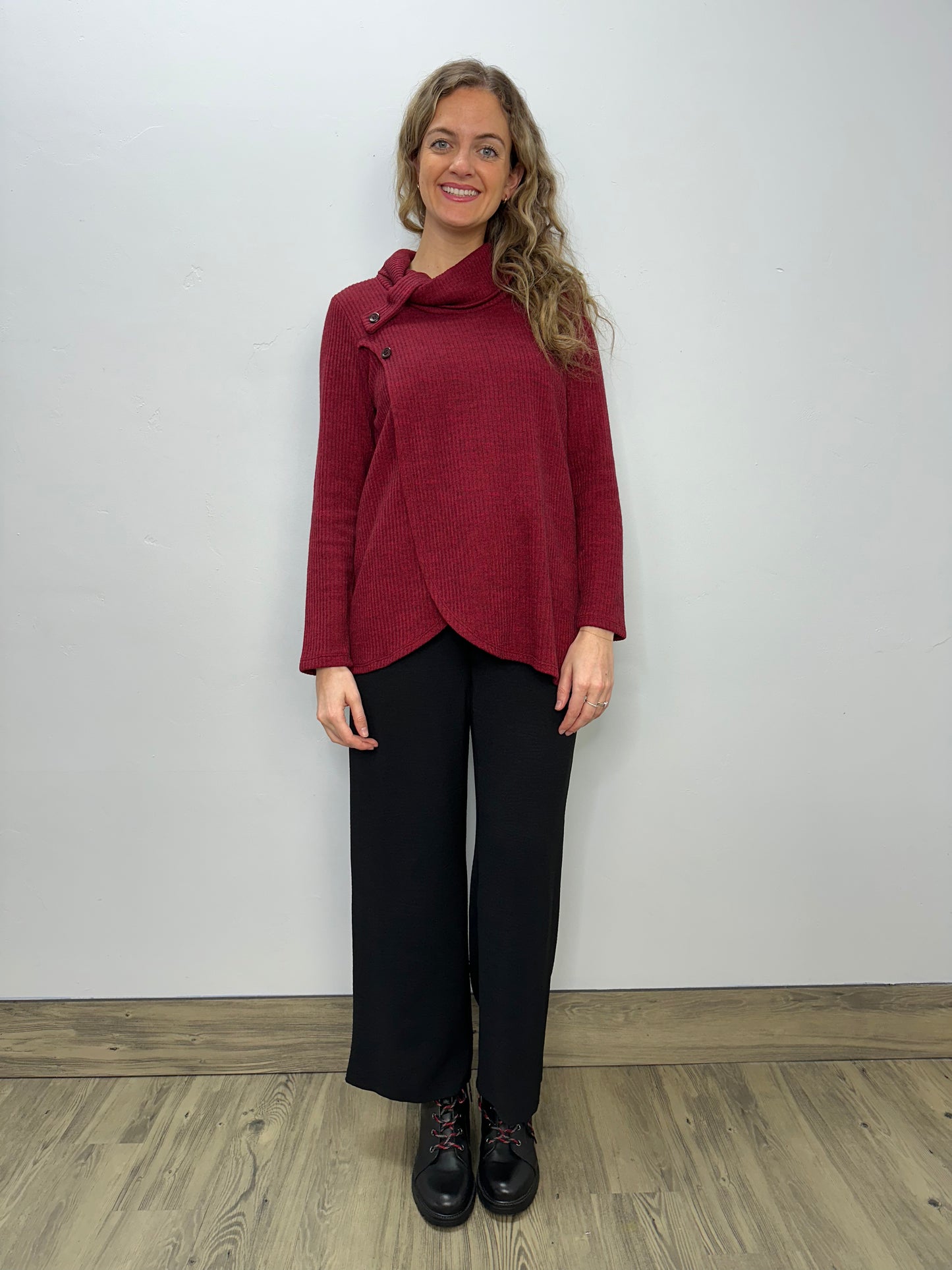 Cherry Red Knit Long Sleeve Cowl Neck Tunic