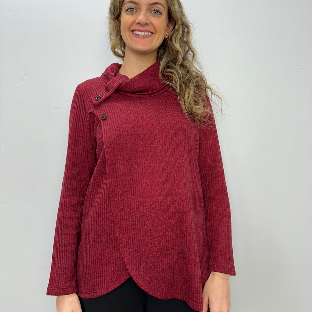 Cherry Red Knit Long Sleeve Cowl Neck Tunic