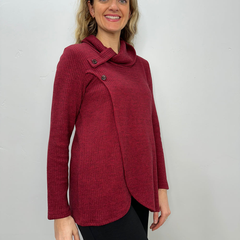 
                  
                    Cherry Red Knit Long Sleeve Cowl Neck Tunic
                  
                