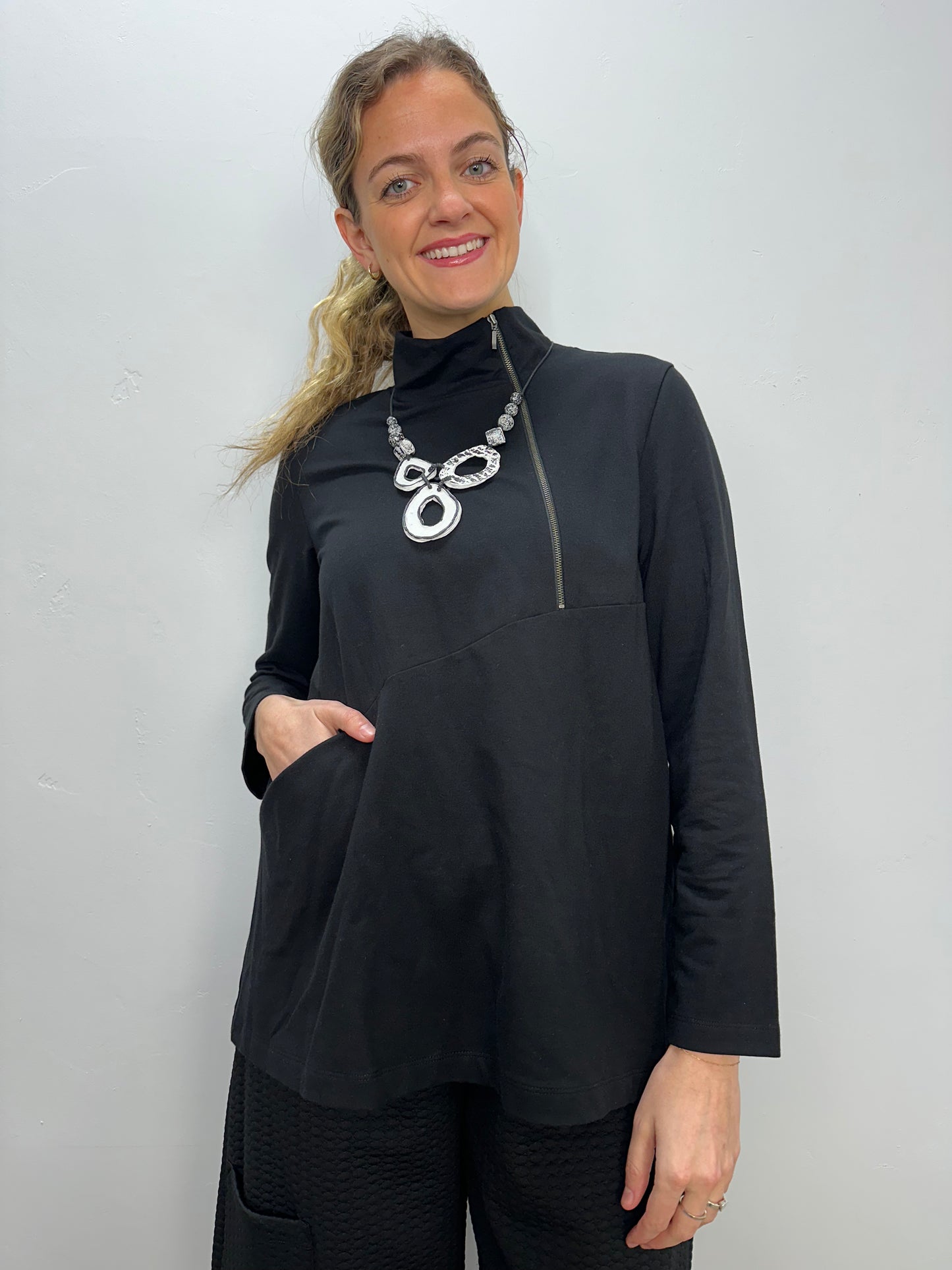 Black French Terry High Neck Tunic