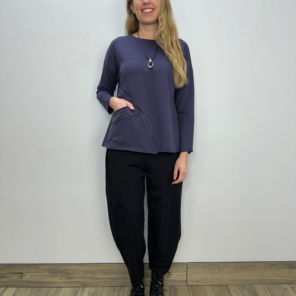 Plum Long Sleeve Top with Asymmetrical Zipper