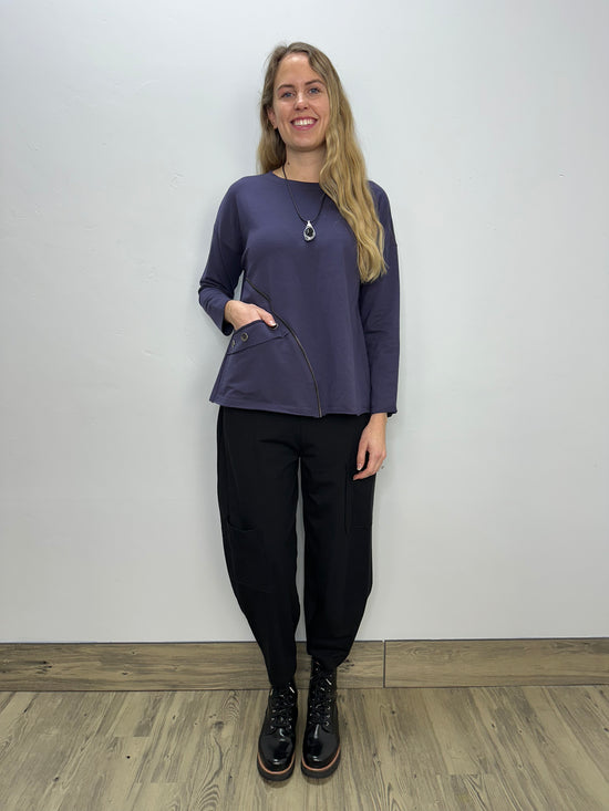 Plum Long Sleeve Top with Asymmetrical Zipper