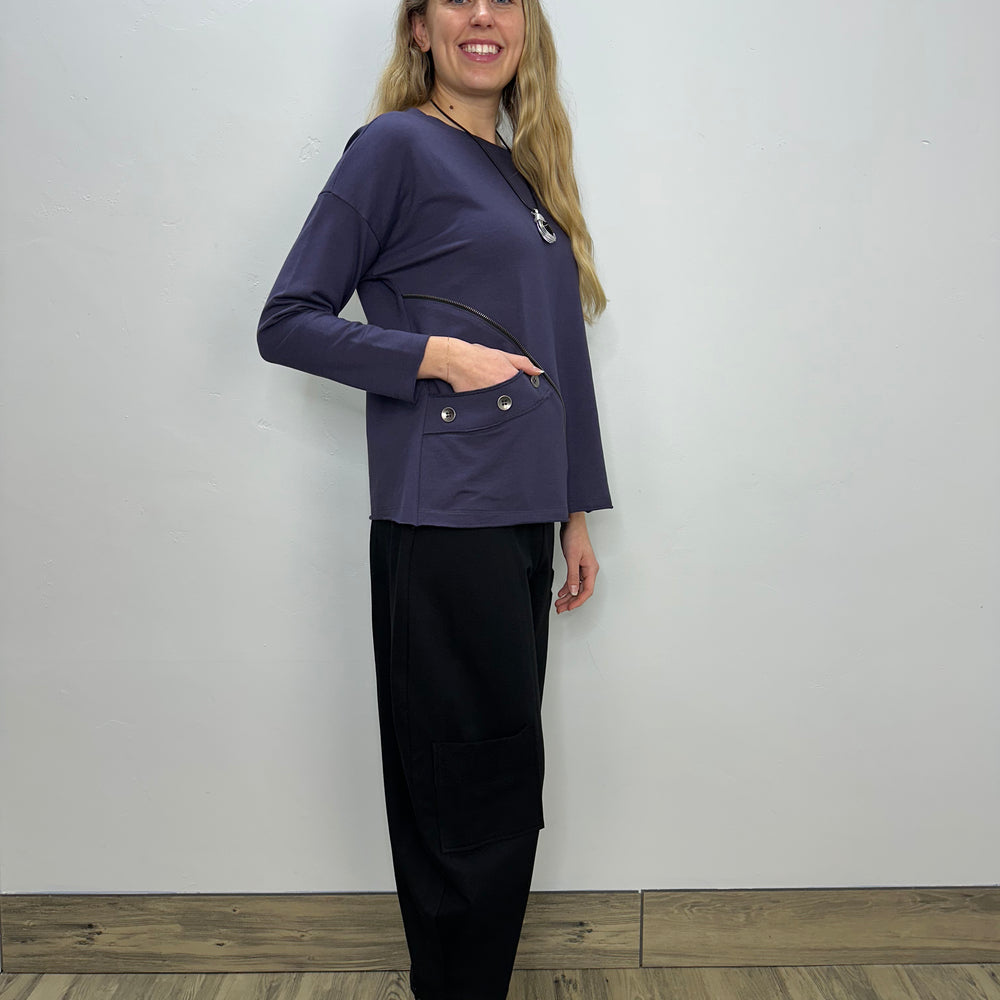 Plum Long Sleeve Top with Asymmetrical Zipper