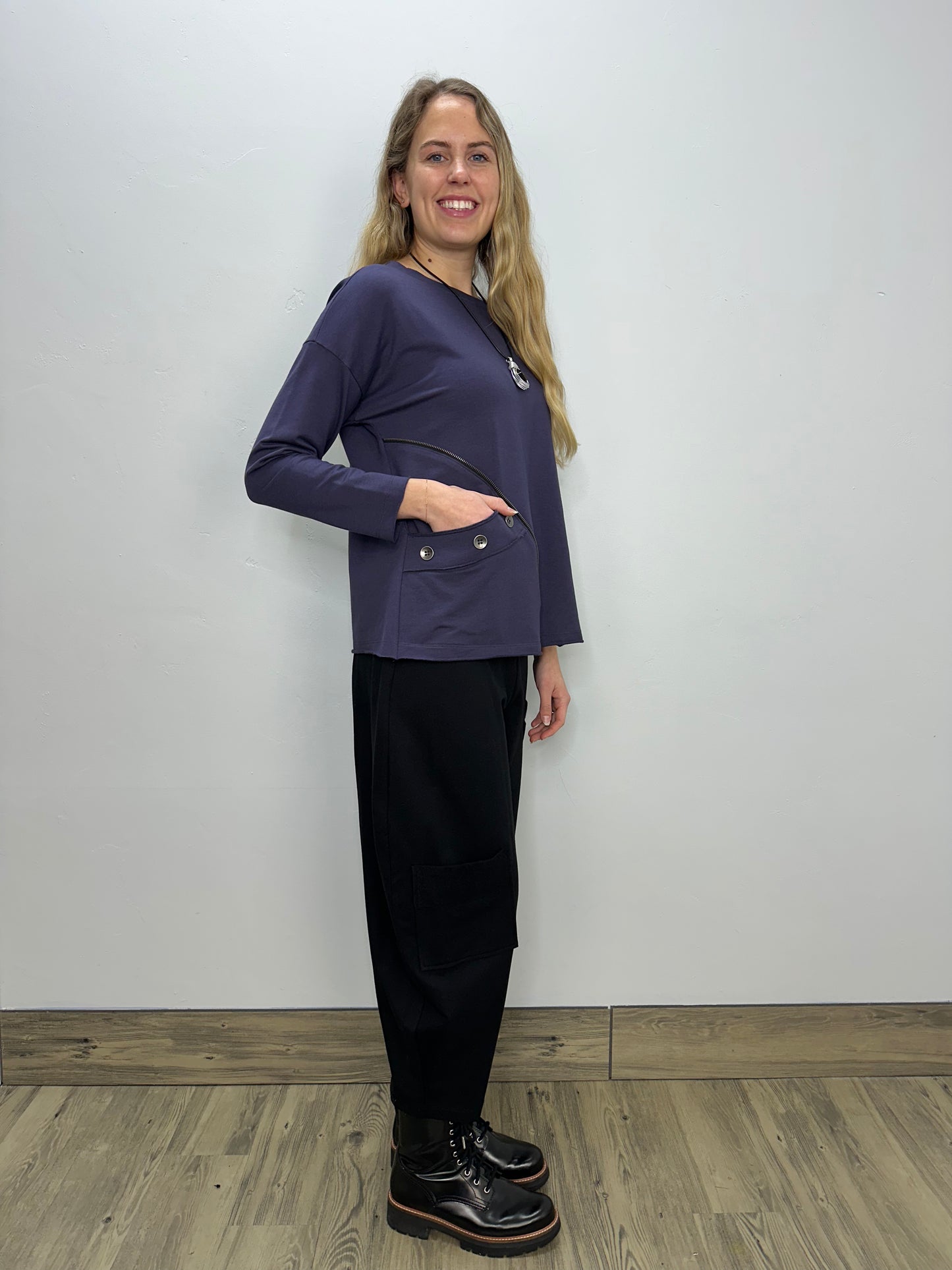 Plum Long Sleeve Top with Asymmetrical Zipper