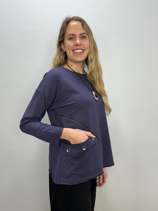 Plum Long Sleeve Top with Asymmetrical Zipper