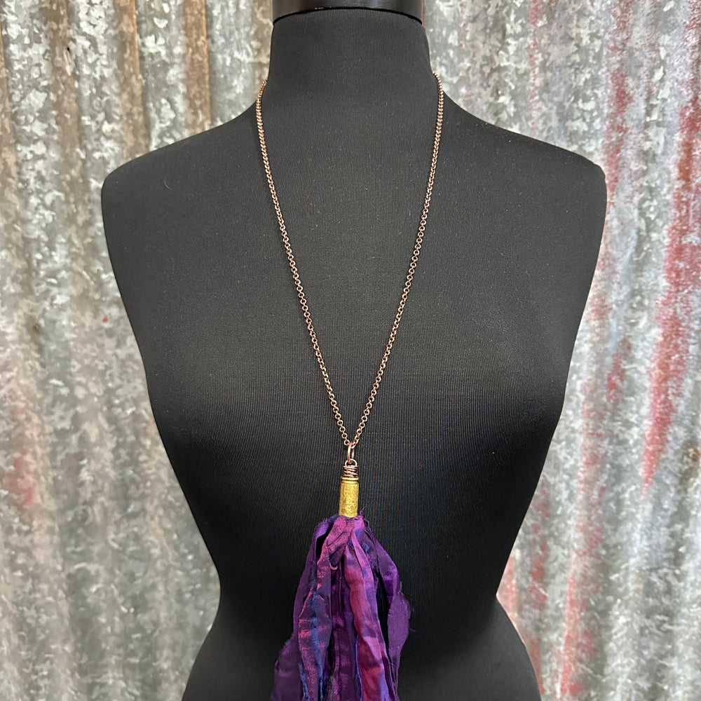 Purple Silk Tassel Bullet Casing Necklace