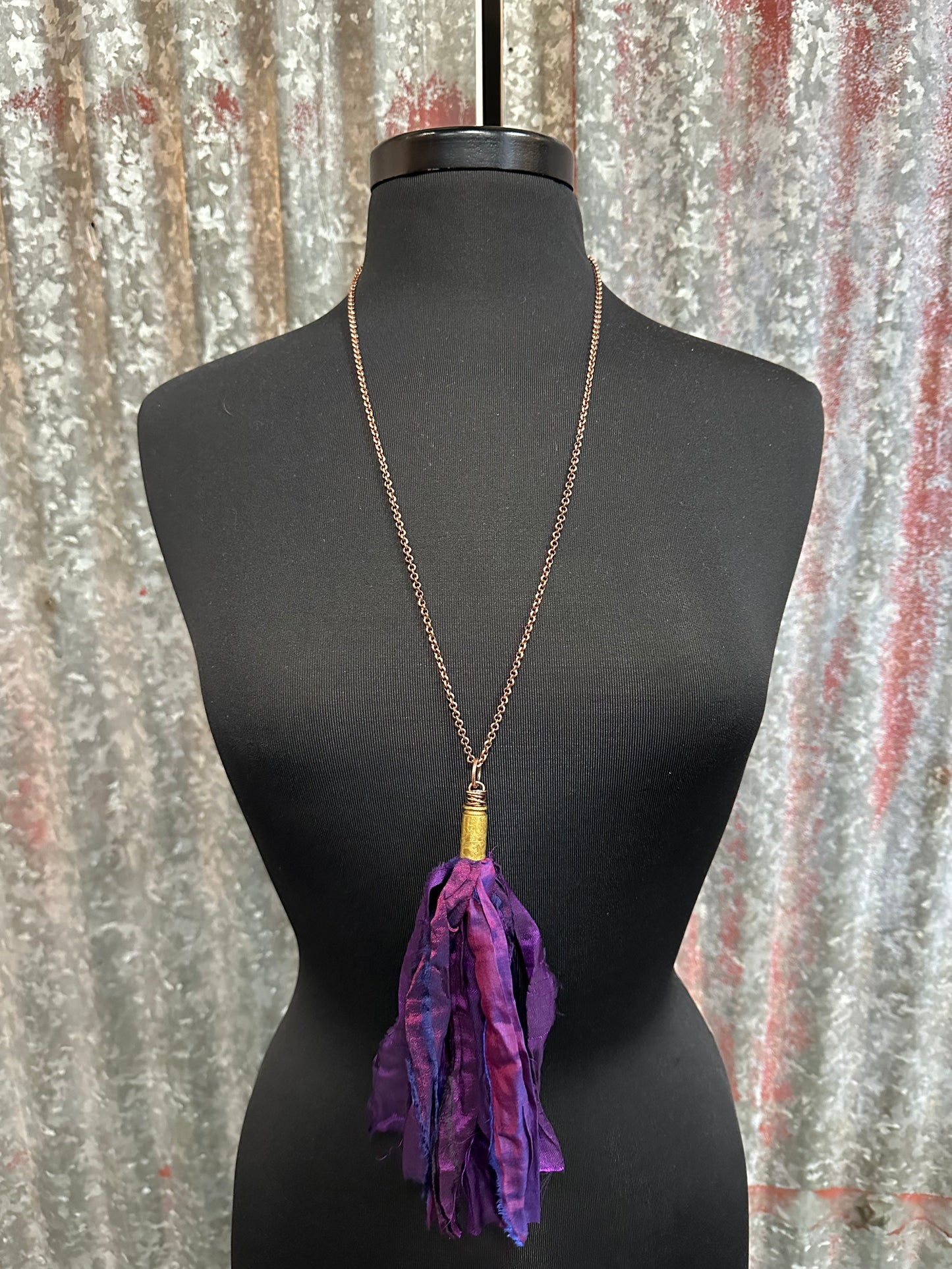 Purple Silk Tassel Bullet Casing Necklace