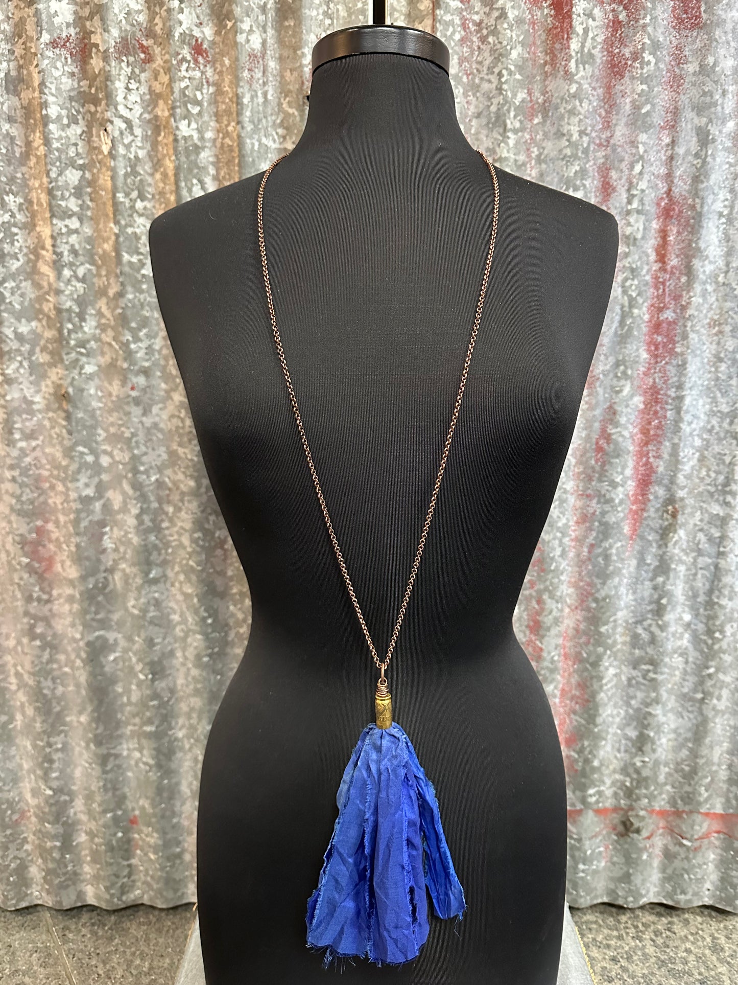 Royal Blue Silk Tassel Bullet Casing Necklace