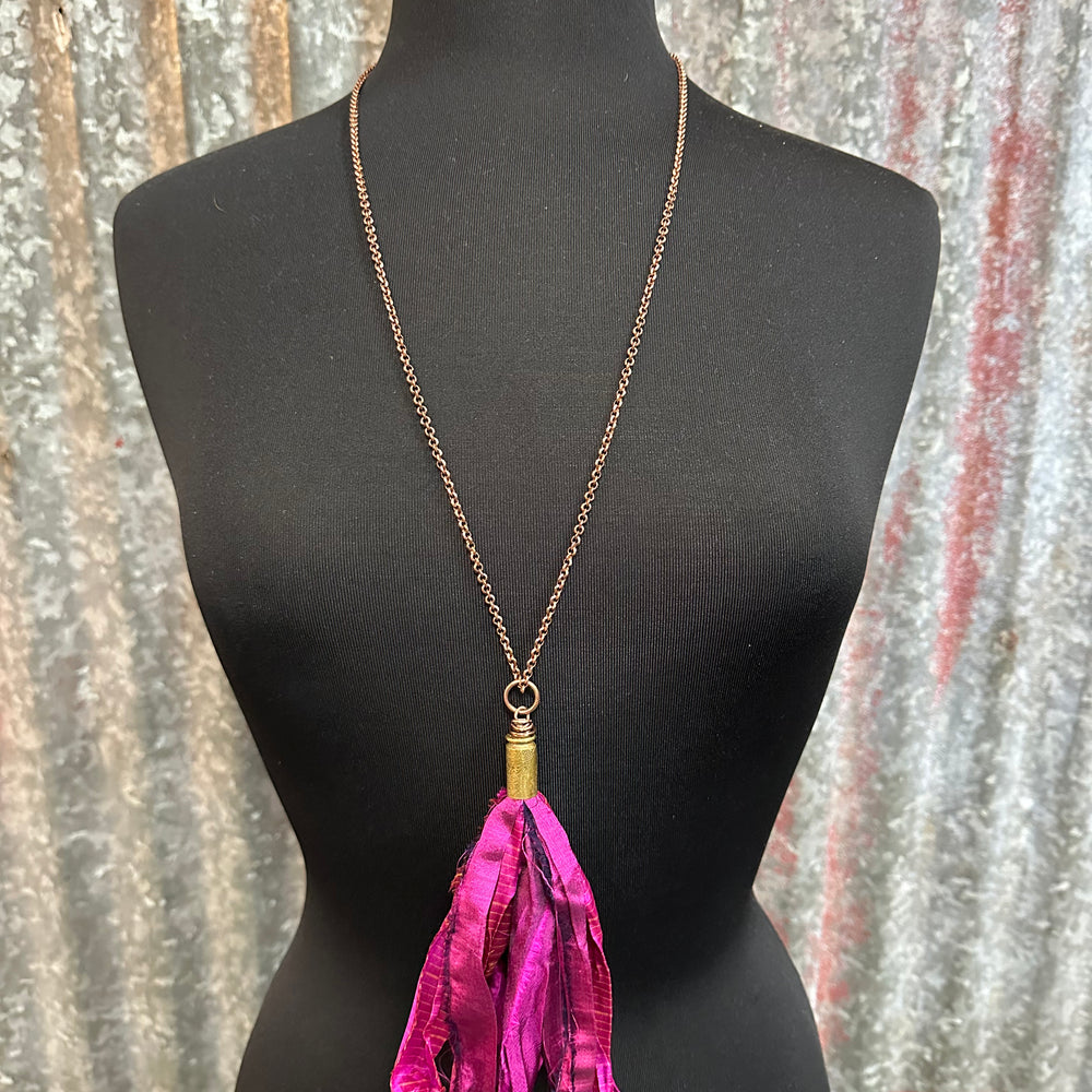 Hot Pink Silk Tassel Bullet Casing Necklace