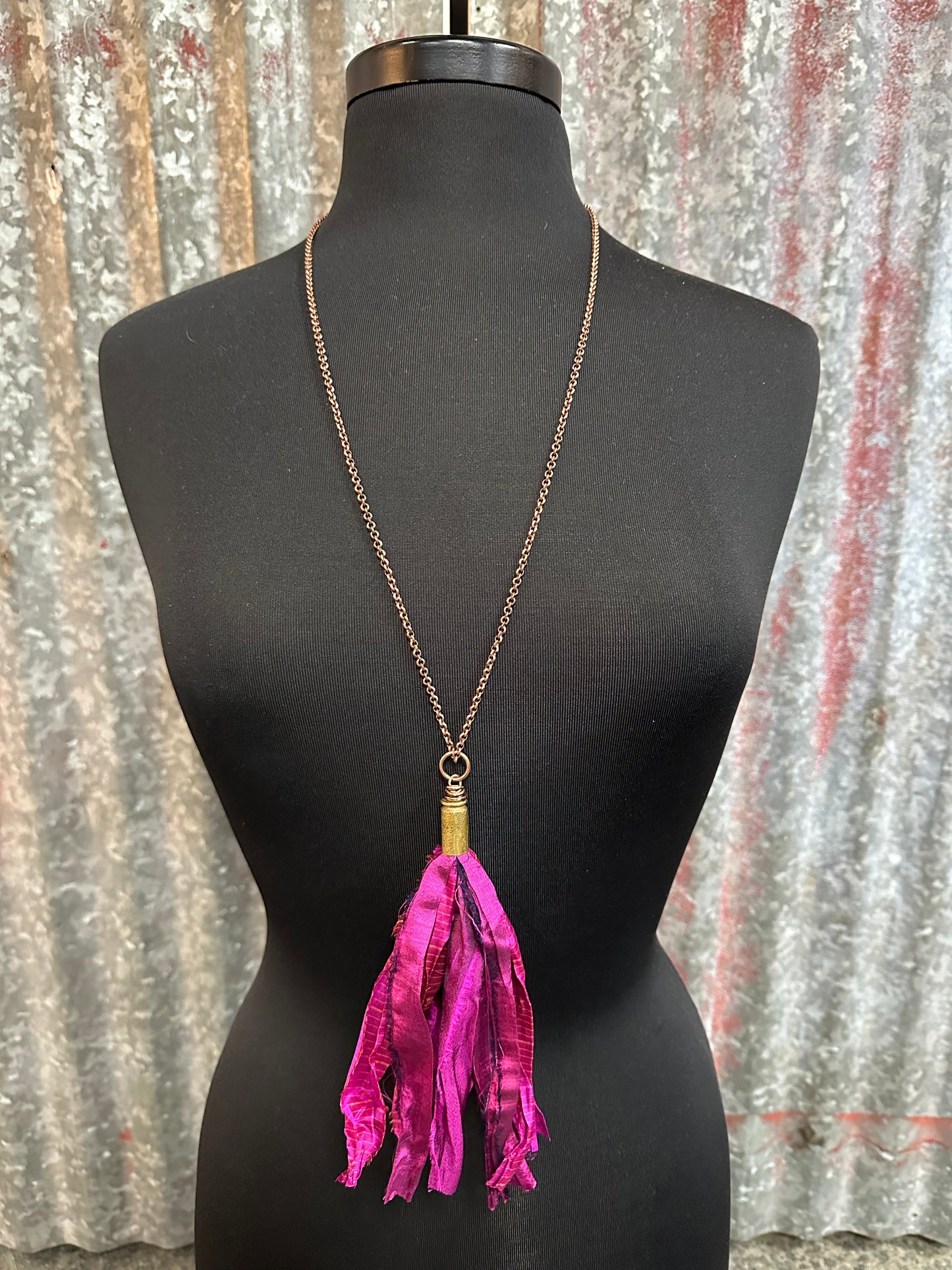 Hot Pink Silk Tassel Bullet Casing Necklace