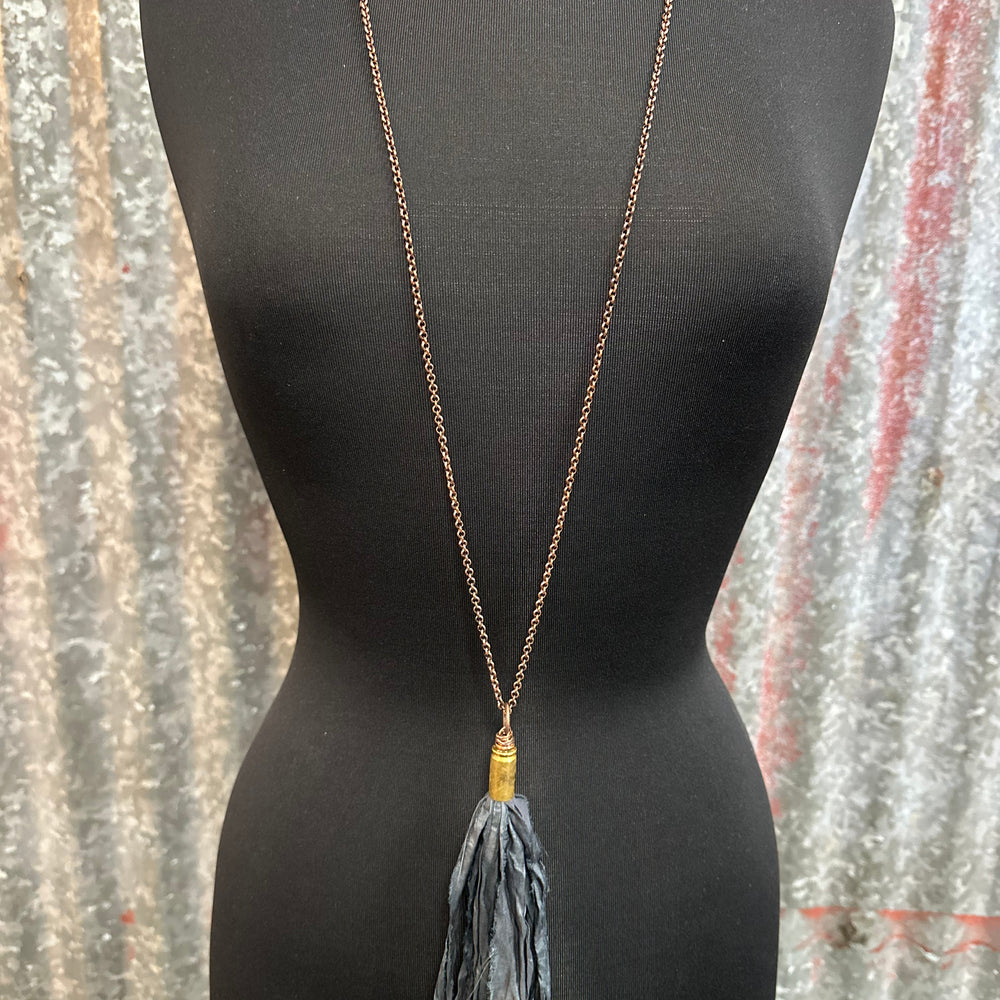 Grey Blue Silk Tassel Bullet Casing Necklace