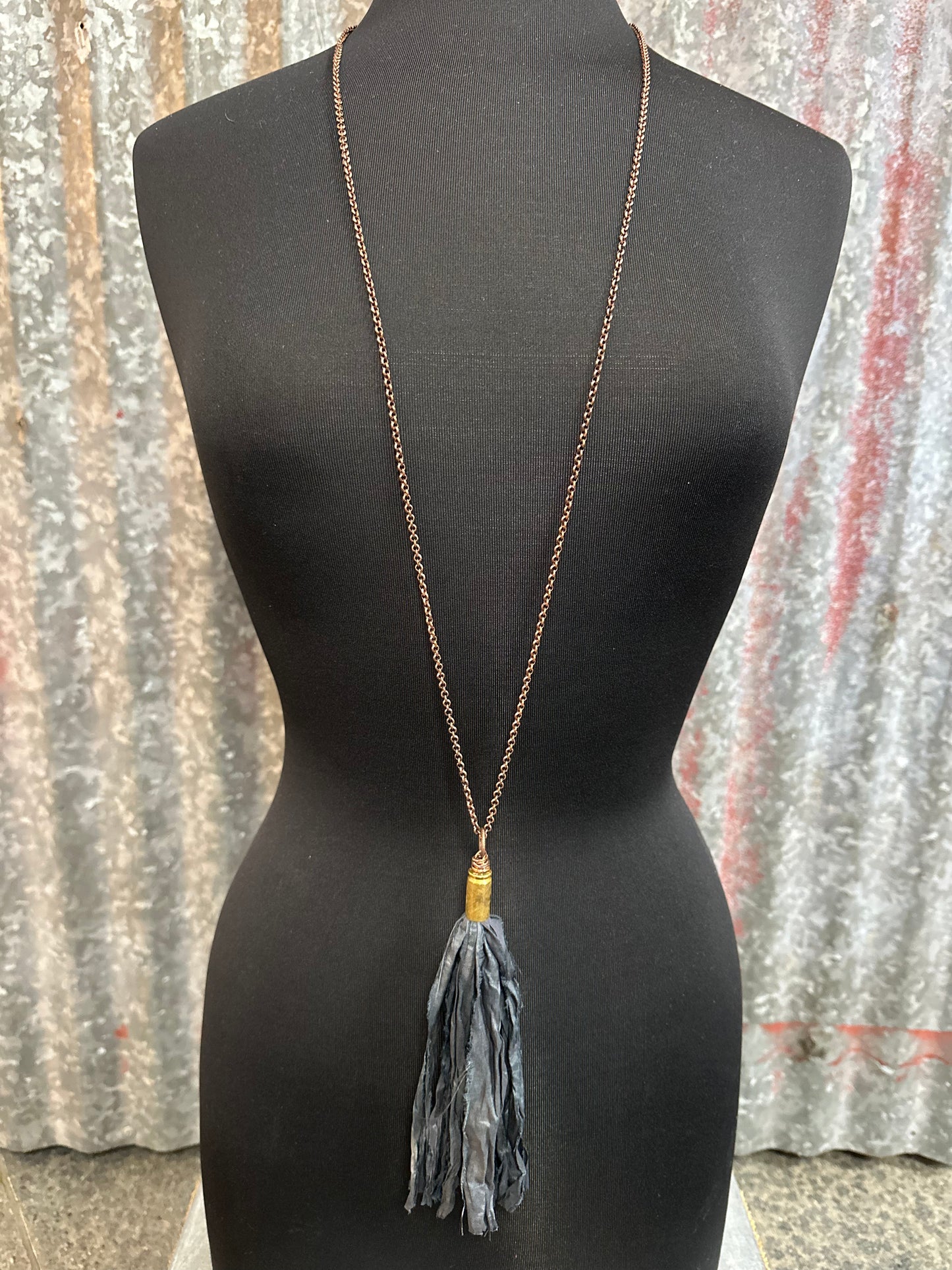 Grey Blue Silk Tassel Bullet Casing Necklace