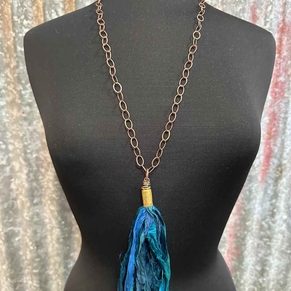 Deep Teal Silk Tassel Bullet Casing Necklace