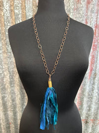 Deep Teal Silk Tassel Bullet Casing Necklace