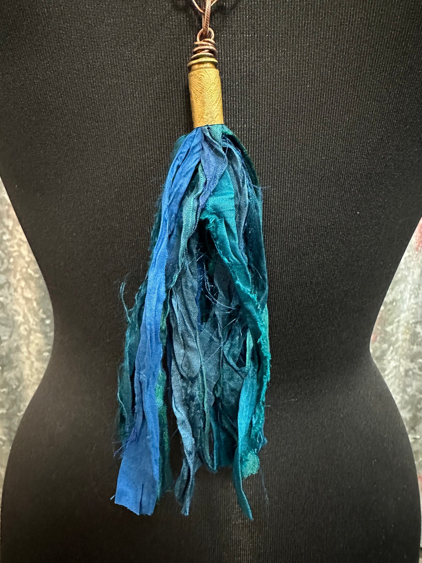 Deep Teal Silk Tassel Bullet Casing Necklace