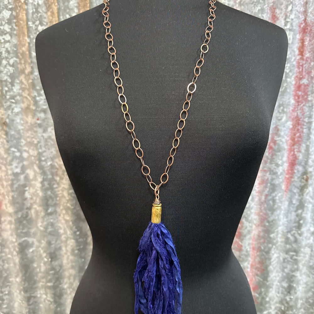 Indigo Silk Tassel Bullet Casing Necklace