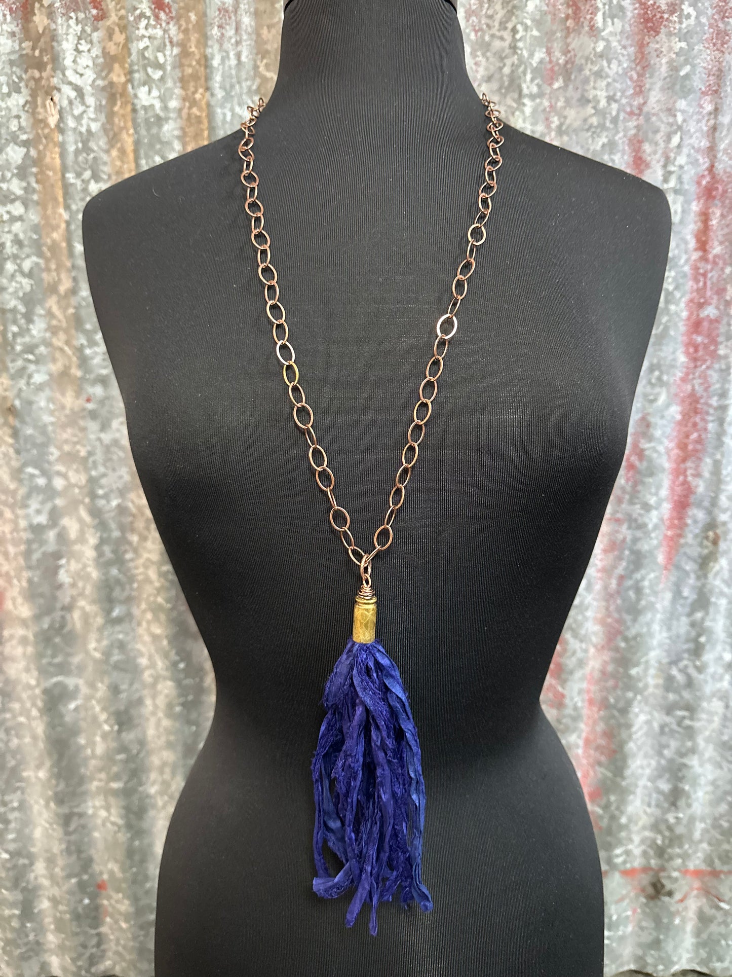 Indigo Silk Tassel Bullet Casing Necklace