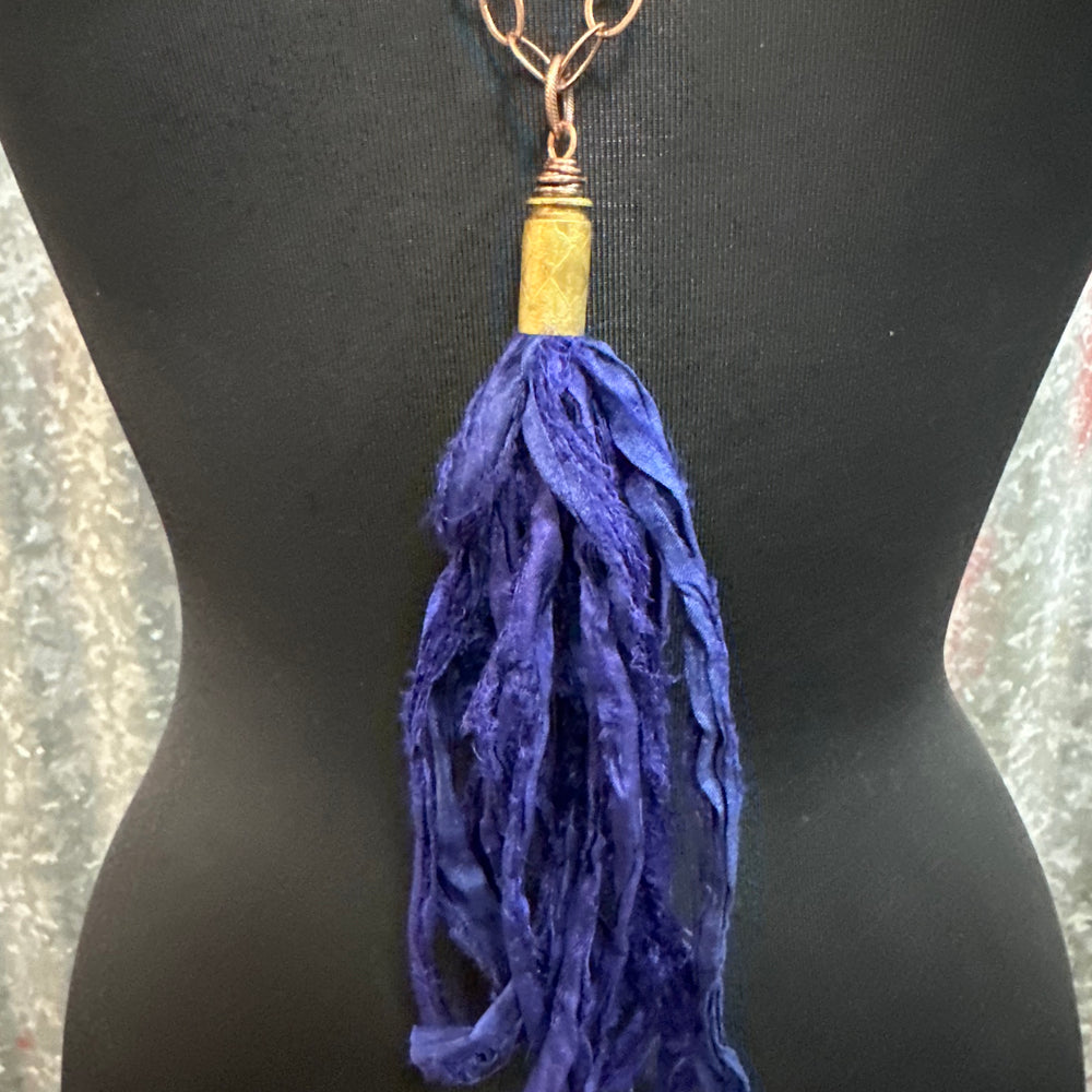 Indigo Silk Tassel Bullet Casing Necklace