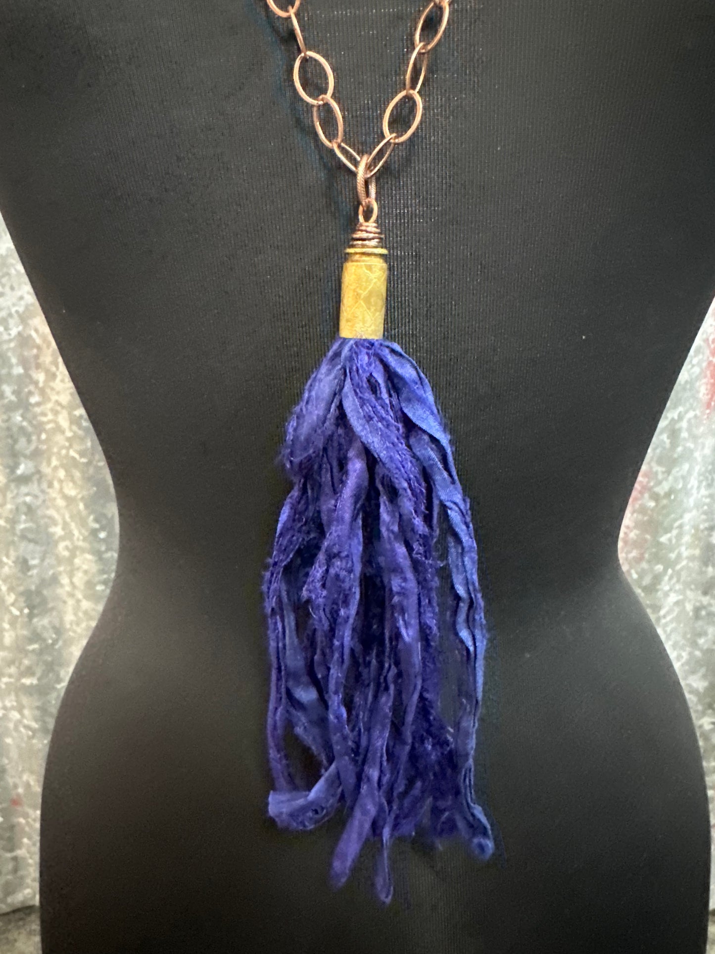 Indigo Silk Tassel Bullet Casing Necklace