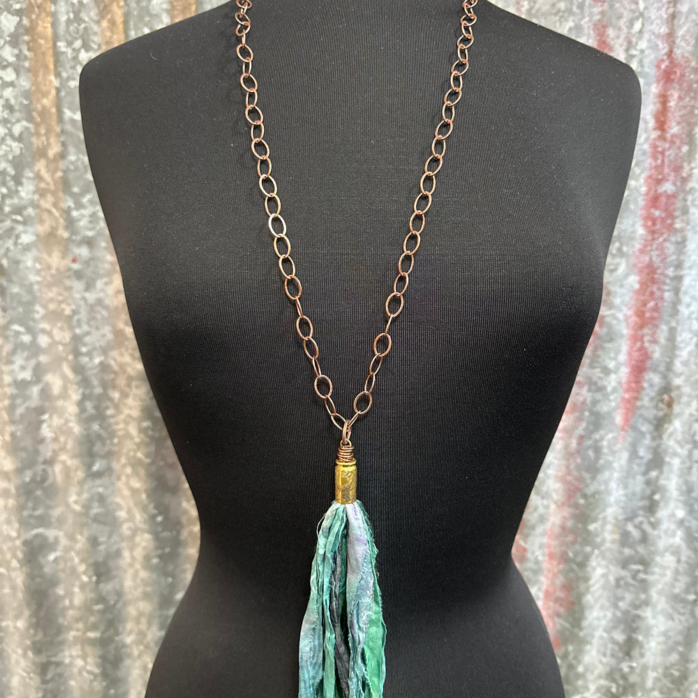 Peacock Green Blue Silk Tassel Bullet Casing Necklace